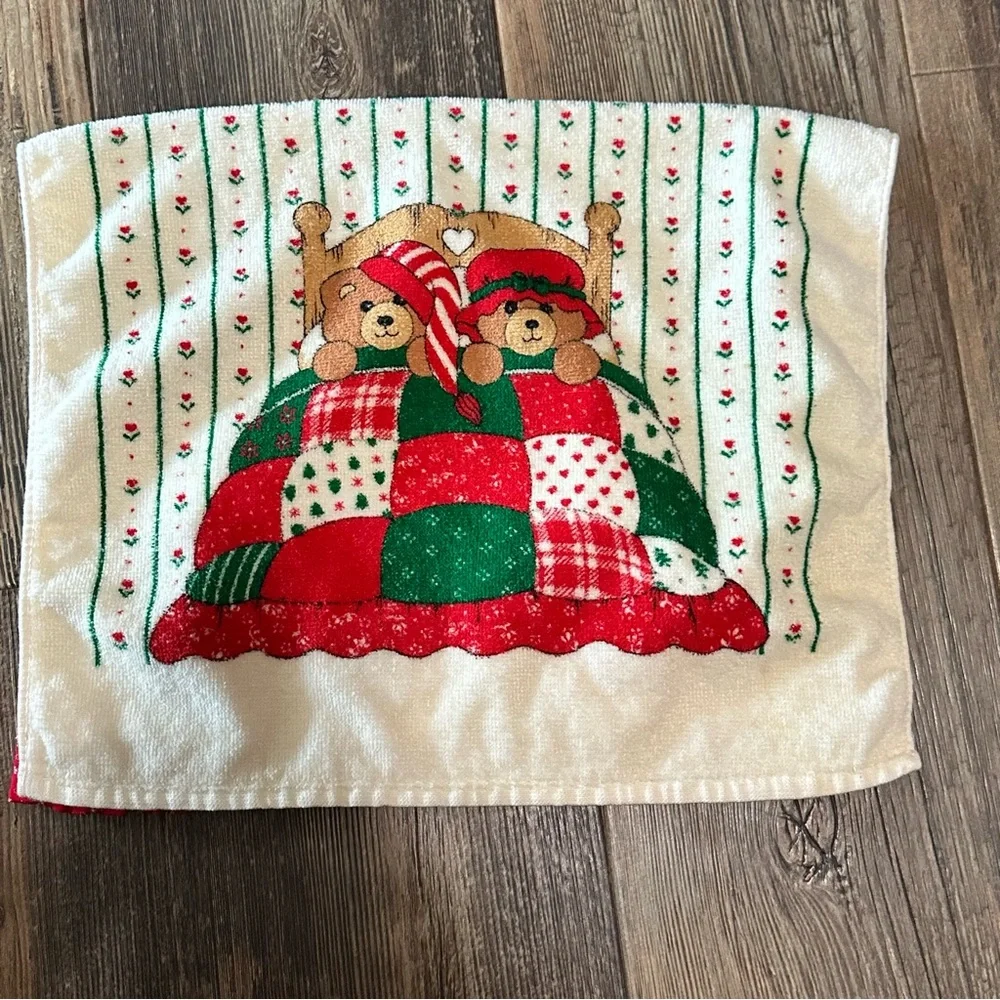 Kitchen works vintage Christmas kitchen towel ruffle teddy bears in bed decor